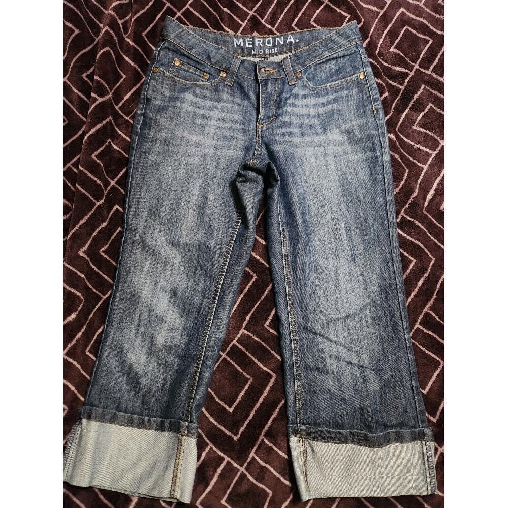 Morona Womens Size 4 Mid Rise Dark‎ Wash Straight Leg Cuffed Capris